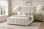 Cream Plush Velvet - Windsor Vertical Channel Upholstered Bed Set with Floor Standing Headboard, Footboard & Storage Upgrade Option