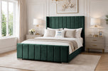 Emerald Plush Velvet - Windsor Vertical Channel Upholstered Bed Set with Floor Standing Headboard, Footboard & Storage Upgrade Option