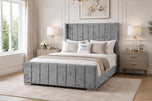Grey Crushed Velvet - Windsor Vertical Channel Upholstered Bed Set with Floor Standing Headboard, Footboard & Storage Upgrade Option