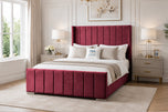 Maroon Plush Velvet - Windsor Vertical Channel Upholstered Bed Set with Floor Standing Headboard, Footboard & Storage Upgrade Option