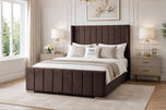 Mocha Plush Velvet - Windsor Vertical Channel Upholstered Bed Set with Floor Standing Headboard, Footboard & Storage Upgrade Option