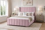 Pink Plush Velvet - Windsor Vertical Channel Upholstered Bed Set with Floor Standing Headboard, Footboard & Storage Upgrade Option