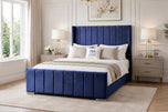 Royal Blue Plush Velvet - Windsor Vertical Channel Upholstered Bed Set with Floor Standing Headboard, Footboard & Storage Upgrade Option