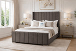 Silver Chenille - Windsor Vertical Channel Upholstered Bed Set with Floor Standing Headboard, Footboard & Storage Upgrade Option