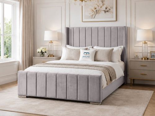Windsor Vertical Channel Upholstered Bed Set with Floor Standing Headboard, Footboard & Storage Upgrade Option