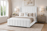 White Plush Velvet - Windsor Vertical Channel Upholstered Bed Set with Floor Standing Headboard, Footboard & Storage Upgrade Option