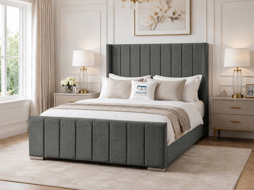 Windsor Vertical Channel Upholstered Bed Set with Floor Standing Headboard, Footboard & Storage Upgrade Option