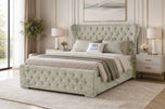 Champagne Crushed Velvet - Winslet Curved Button-Tufted Wingback Upholstered Bed Set with Floor Standing Headboard, Footboard & Storage Upgrade Option