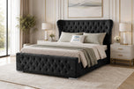 Black Crushed Velvet - Winslet Curved Button-Tufted Wingback Upholstered Bed Set with Floor Standing Headboard, Footboard & Storage Upgrade Option