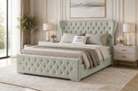 Cream Naples - Winslet Curved Button-Tufted Wingback Upholstered Bed Set with Floor Standing Headboard, Footboard & Storage Upgrade Option