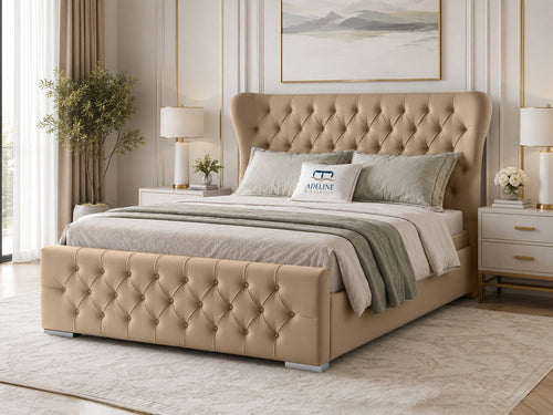 Winslet Curved Button-Tufted Wingback Upholstered Bed Set with Floor Standing Headboard, Footboard & Storage Upgrade Option