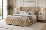 Beige Plush Velvet - Winslet Curved Button-Tufted Wingback Upholstered Bed Set with Floor Standing Headboard, Footboard & Storage Upgrade Option
