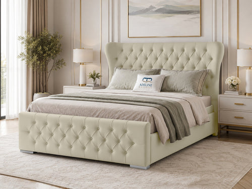 Winslet Curved Button-Tufted Wingback Upholstered Bed Set with Floor Standing Headboard, Footboard & Storage Upgrade Option