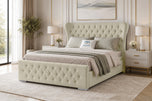 Cream Plush Velvet - Winslet Curved Button-Tufted Wingback Upholstered Bed Set with Floor Standing Headboard, Footboard & Storage Upgrade Option