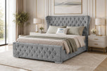 Grey Crushed Velvet - Winslet Curved Button-Tufted Wingback Upholstered Bed Set with Floor Standing Headboard, Footboard & Storage Upgrade Option