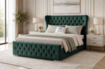 Emerald Plush Velvet - Winslet Curved Button-Tufted Wingback Upholstered Bed Set with Floor Standing Headboard, Footboard & Storage Upgrade Option