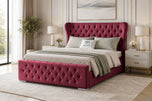 Maroon Plush Velvet - Winslet Curved Button-Tufted Wingback Upholstered Bed Set with Floor Standing Headboard, Footboard & Storage Upgrade Option