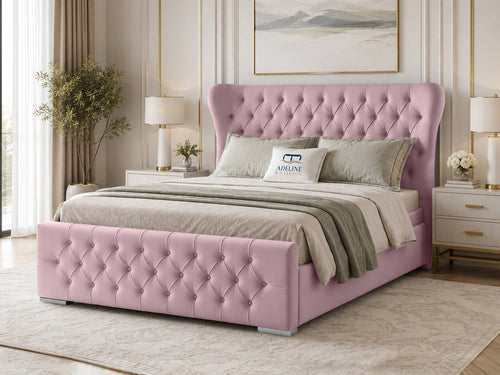 Winslet Curved Button-Tufted Wingback Upholstered Bed Set with Floor Standing Headboard, Footboard & Storage Upgrade Option