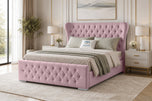 Pink Plush Velvet - Winslet Curved Button-Tufted Wingback Upholstered Bed Set with Floor Standing Headboard, Footboard & Storage Upgrade Option