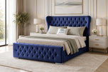 Royal Blue Plush Velvet - Winslet Curved Button-Tufted Wingback Upholstered Bed Set with Floor Standing Headboard, Footboard & Storage Upgrade Option