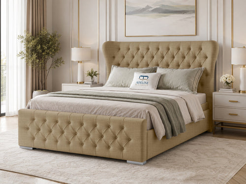 Winslet Curved Button-Tufted Wingback Upholstered Bed Set with Floor Standing Headboard, Footboard & Storage Upgrade Option