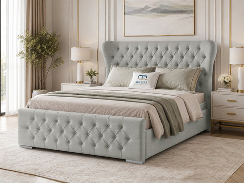 Winslet Curved Button-Tufted Wingback Upholstered Bed Set with Floor Standing Headboard, Footboard & Storage Upgrade Option