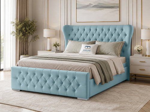 Winslet Curved Button-Tufted Wingback Upholstered Bed Set with Floor Standing Headboard, Footboard & Storage Upgrade Option