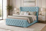 Sky Plush Velvet - Winslet Curved Button-Tufted Wingback Upholstered Bed Set with Floor Standing Headboard, Footboard & Storage Upgrade Option