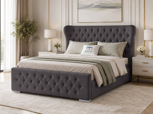 Winslet Curved Button-Tufted Wingback Upholstered Bed Set with Floor Standing Headboard, Footboard & Storage Upgrade Option