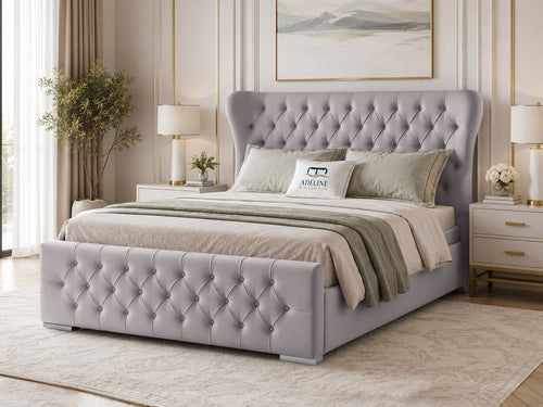 Winslet Curved Button-Tufted Wingback Upholstered Bed Set with Floor Standing Headboard, Footboard & Storage Upgrade Option