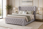 Silver Plush Velvet - Winslet Curved Button-Tufted Wingback Upholstered Bed Set with Floor Standing Headboard, Footboard & Storage Upgrade Option