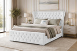 White Plush Velvet - Winslet Curved Button-Tufted Wingback Upholstered Bed Set with Floor Standing Headboard, Footboard & Storage Upgrade Option