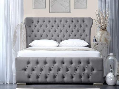 Winslet Curved Button-Tufted Wingback Upholstered Bed Set with Floor Standing Headboard, Footboard & Storage Upgrade Option