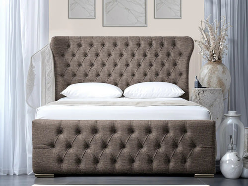 Winslet Curved Button-Tufted Wingback Upholstered Bed Set with Floor Standing Headboard, Footboard & Storage Upgrade Option