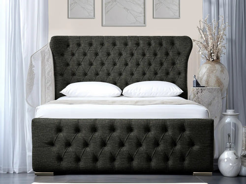 Winslet Curved Button-Tufted Wingback Upholstered Bed Set with Floor Standing Headboard, Footboard & Storage Upgrade Option